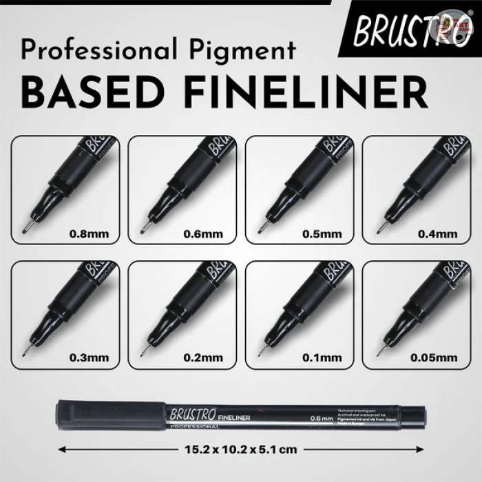 Brustro Professional Pigment Based Fineliner - Set of 8 (Black)