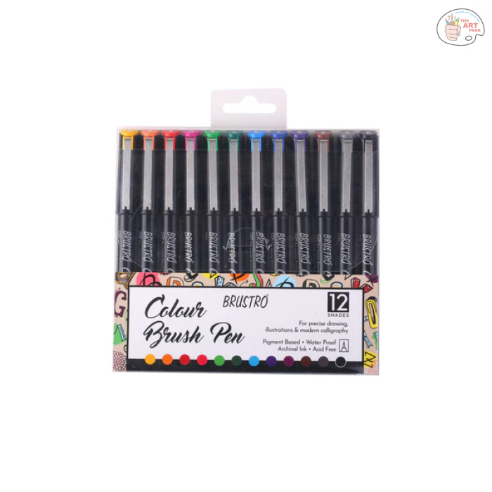 BRUSTRO Colour Brush Pens Set of 12 ( Pigment based , Hard tip brush pen ) Flexible tip for lettering and drawing techniques.