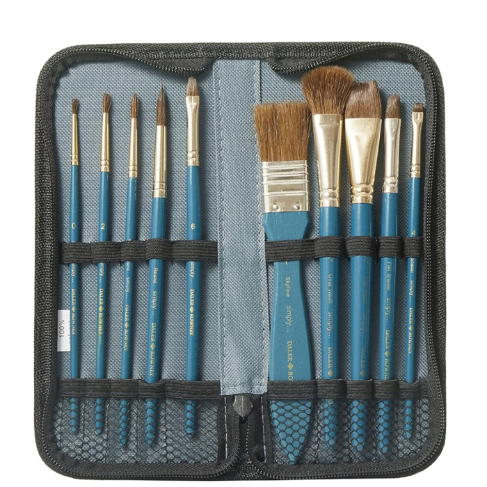 Daler Rowney Simply Watercolour Natural Hair Brush Zip Case (10Pc)