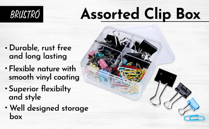Brustro Clip Box Set of 56 Binder Clips and 120 Paper Clips, Stationery Binding Supplies for Loose Papers, Files, DIY, Office and School Use