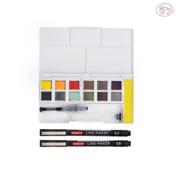 Derwent Line & Wash Paint Pan Set - 12pc WITH FREE 0.3,0.8 MM LINE MARKER