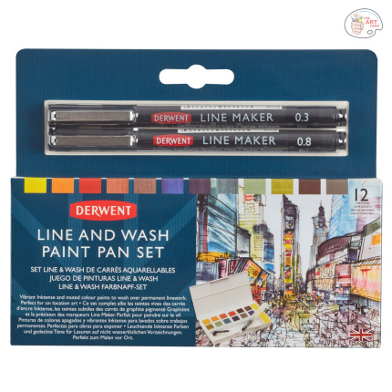 Derwent Line & Wash Paint Pan Set - 12pc WITH FREE 0.3,0.8 MM LINE MARKER